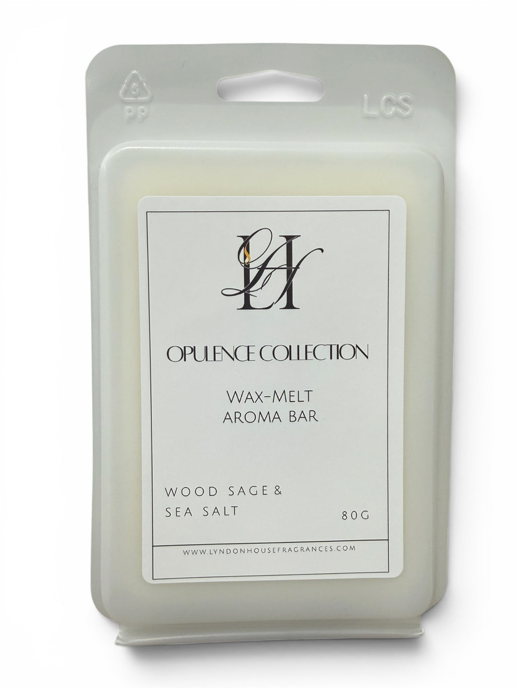 Opulence Collection wax-melt aroma bar packaging with brand logo and product details on a white background.
