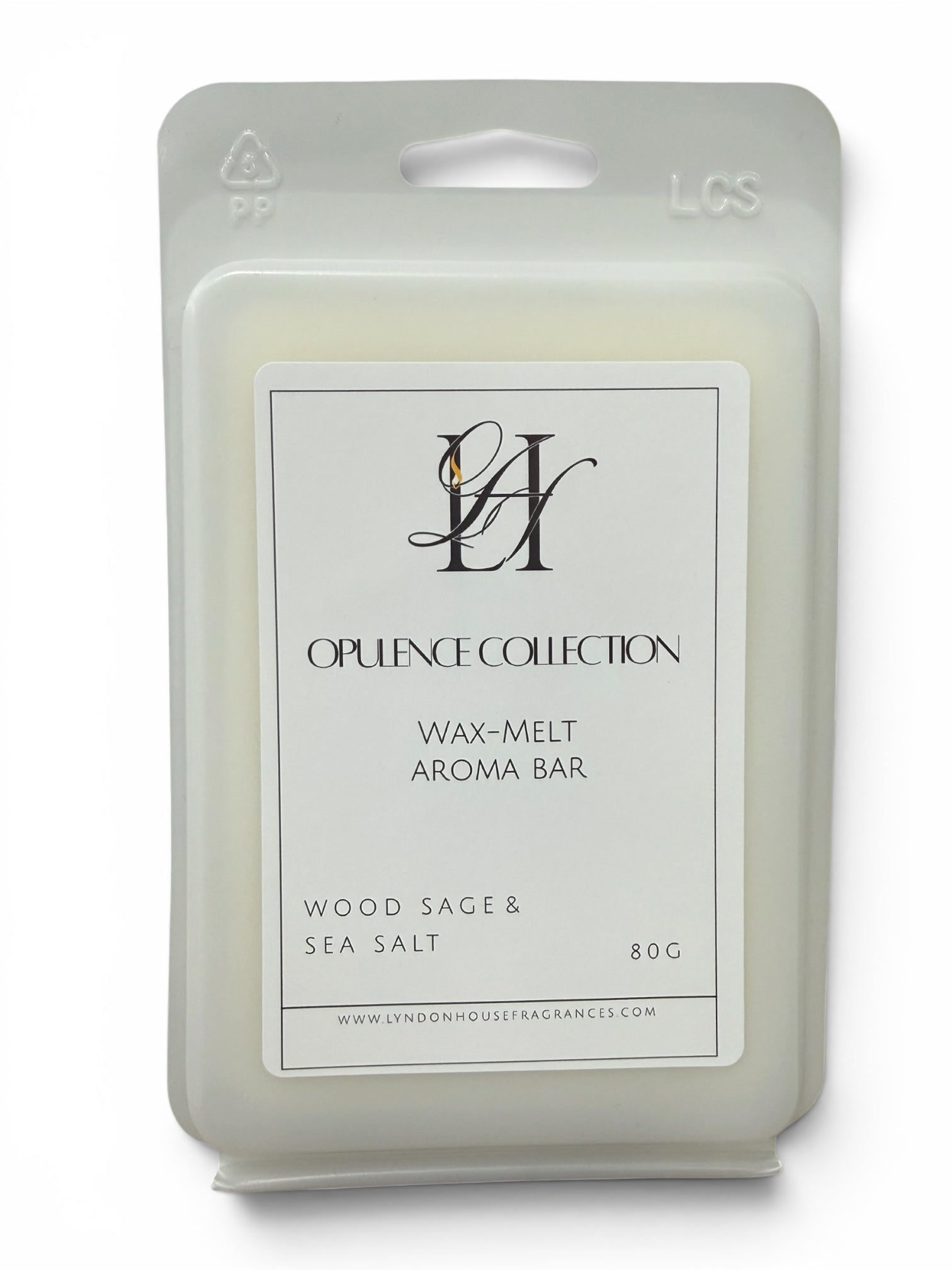 Opulence Collection wax-melt aroma bar packaging with brand logo and product details on a white background.