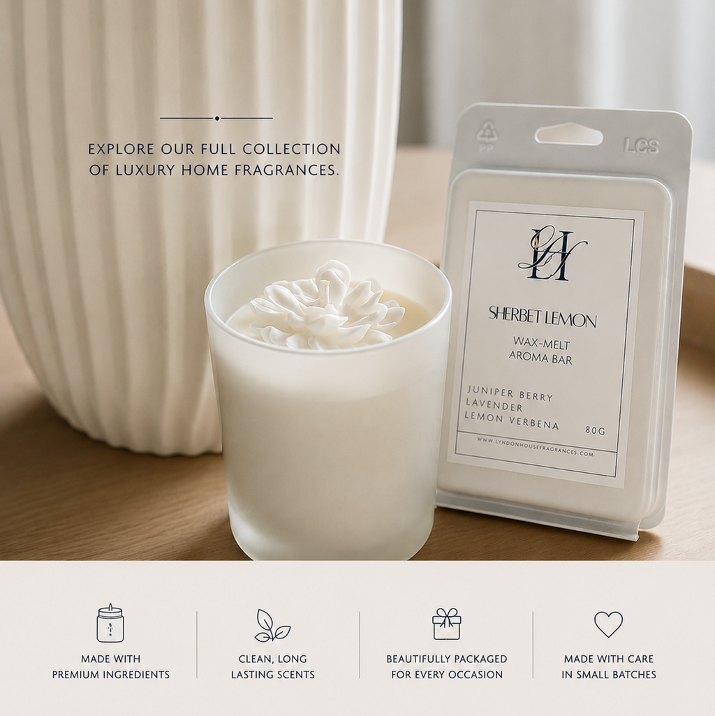 Candle and wax melt packaging with branding on a neutral background